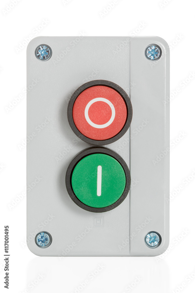 Box with two buttons with red and green, front view, isolated on white background Box with two buttons with red and green, front view, isolated on white background
