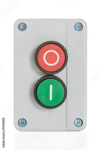 Box with two buttons with red and green, front view, isolated on white background