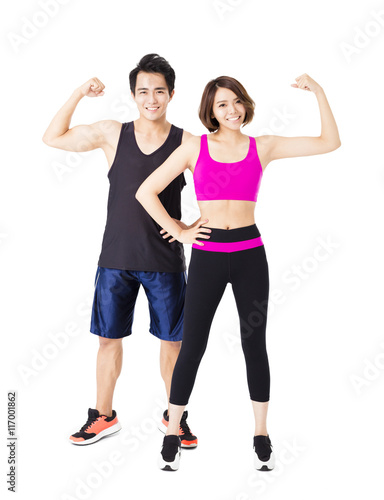 man and woman after fitness exercise on the white background
