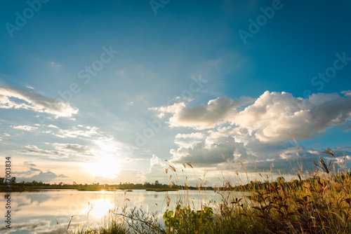 Breathtaking sunset at the wetland with blue sky