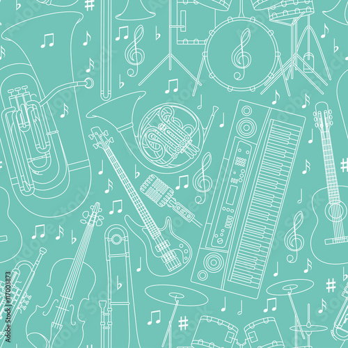 Seamless musical background made of different musical instruments, treble clef and notes. Blue and white colors. Vector illustration.