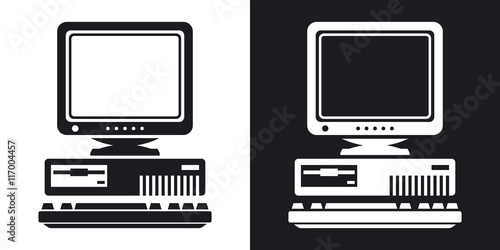 Vector Retro Computer Icon with Keyboard and CRT Monitor icon. Two-tone version of Old Computer Icon with Keyboard and CRT Monitor simple icon on black and white background