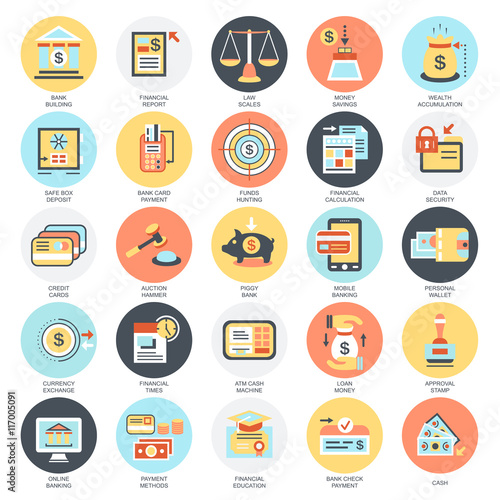 Flat conceptual icons set of banking and finance