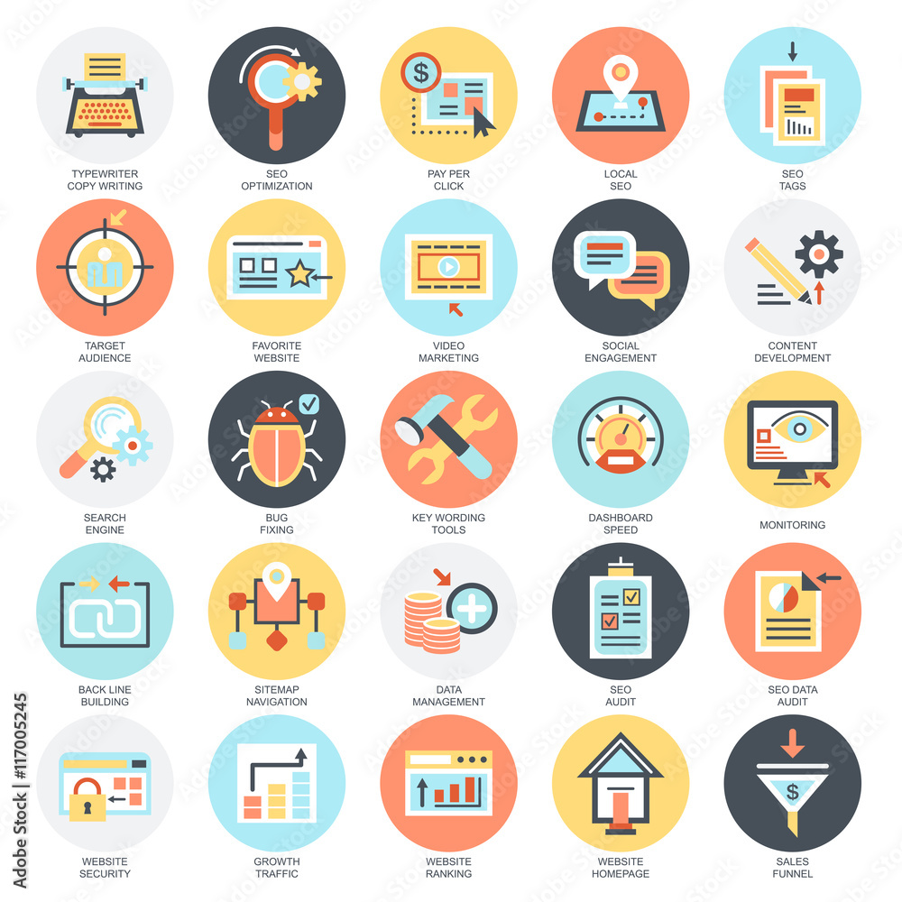 Flat conceptual icons set of seo Flat conceptual icons set of seo