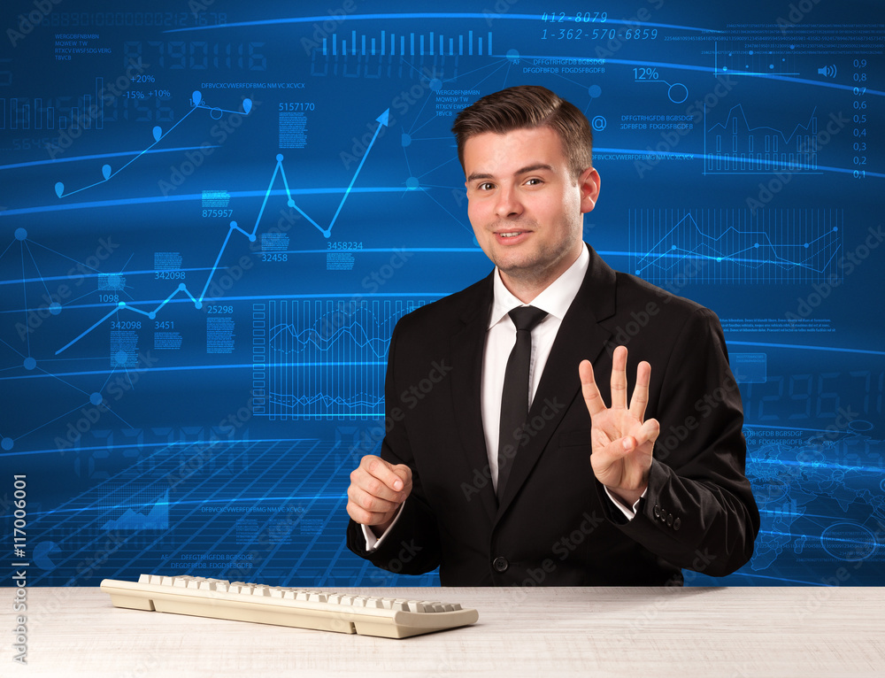 Stock data analyst in studio giving adivce on blue chart backgro Stock data analyst in studio giving adivce on blue chart backgro