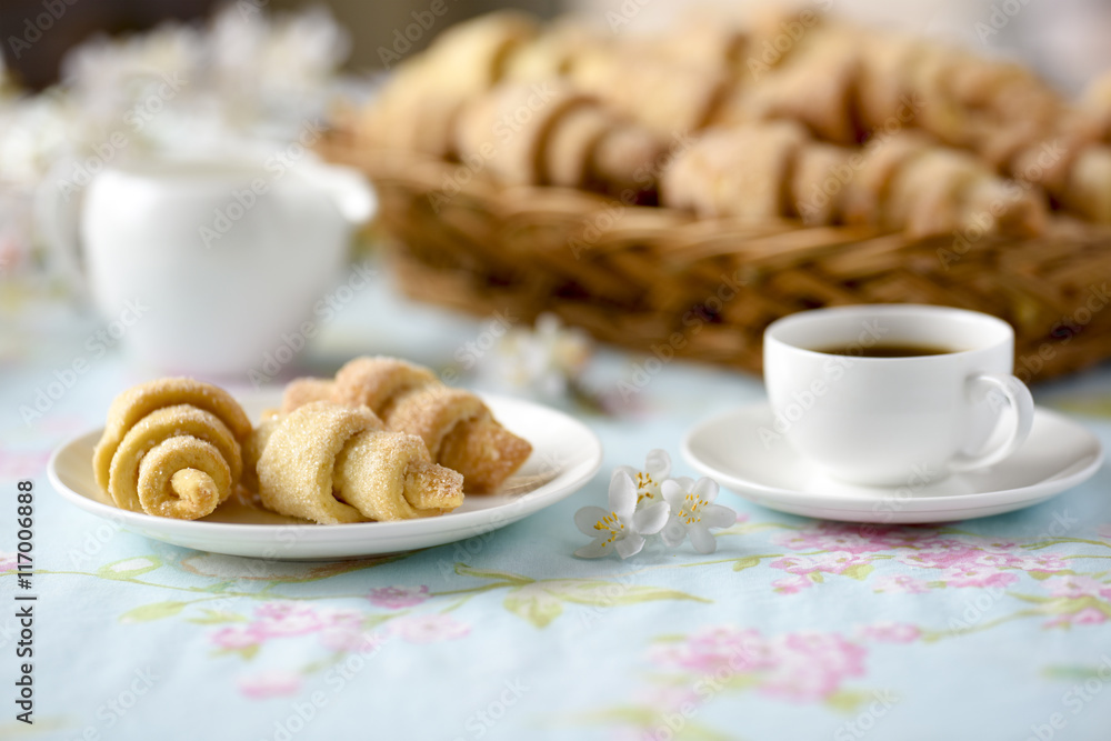 Breakfast with fresh croissants cakes Breakfast with fresh croissants cakes