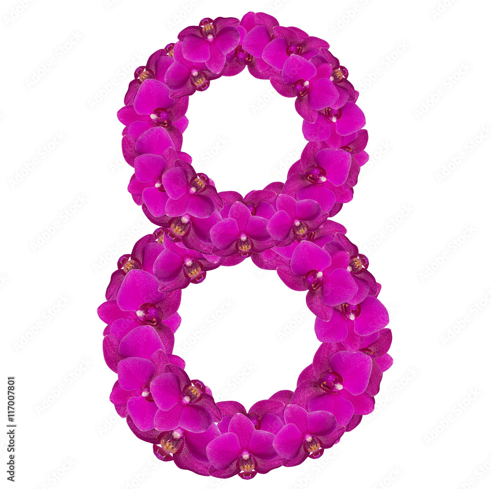 Alphabet number nine from orchid flowers isolated on white
