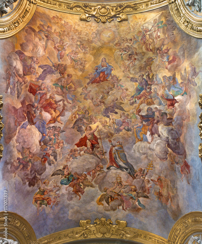ROME, ITALY - MARCH 9, 2016: The vault fresco Assumption of Our Lady by Giacinto Brandi (1682) in church Chiesa di San Silvestro in Capite.