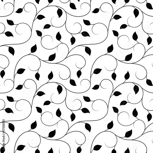 vector illustration, seamless pattern, decorative black and white curly ivy branches with leaves