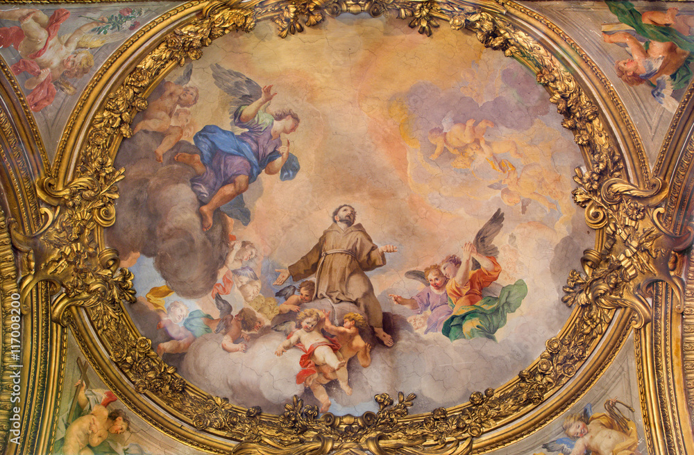 ROME, ITALY - MARCH 9, 2016: The fresco The Glory of the angels by Ludovico Gimignani (1695 - 1696) in church Chiesa di San Silvestro in Capite and The St. Francis chapel.