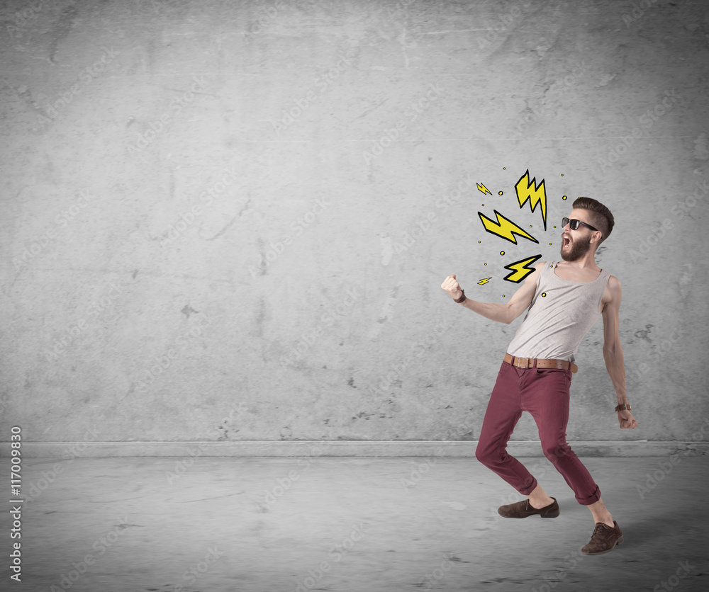 Funny hipster in fashion clothing shouting