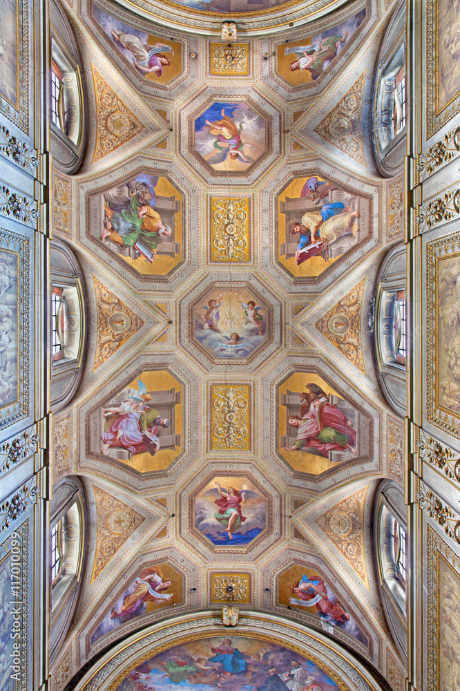 ROME, ITALY - MARCH 9, 2016: The ceiling fresco with the Four Evangelist in church Chiesa di Santa Maria in Aquiro by Cesare Mariani from (1826 - 1901 in neo-mannerist style.