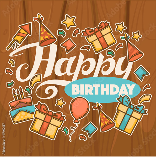 Happy Birthday, vector greeting card template with Happy letteri photo