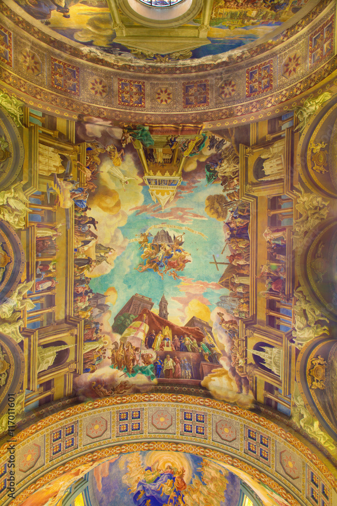 ROME, ITALY - MARCH 10, 2016: The fresco Triumphs of the Church over the Ottomans (1957-1965) on vault of church Basilica di Santa Maria Ausiliatrice by Salesian priest and artist Don Giuseppe Melle.