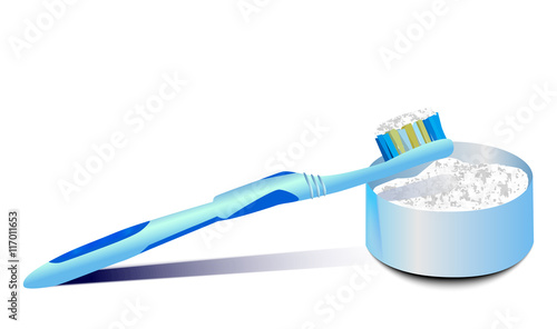 toothbrush and tooth powder on a white background vector photo