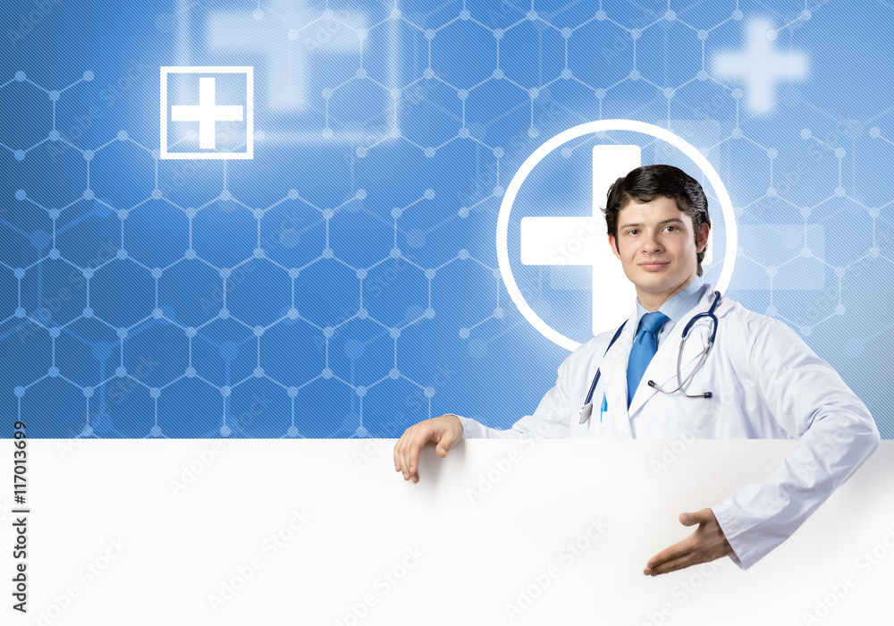 Doctor with banner Doctor with banner
