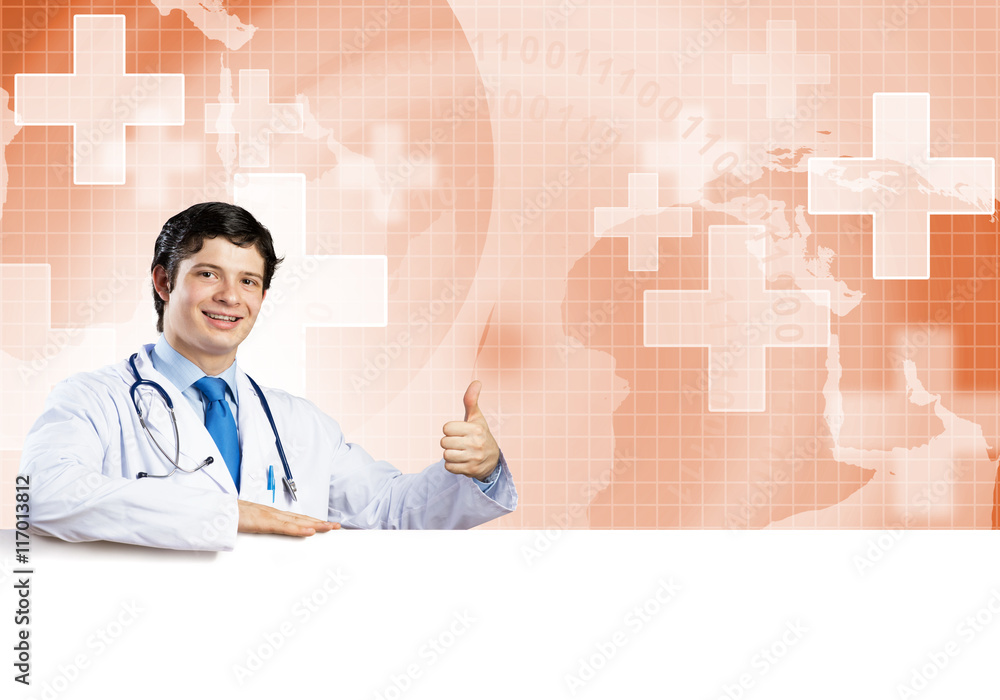 Doctor with banner Doctor with banner