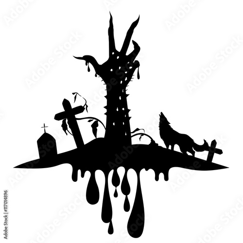Creepy Hand Raise over Grave with Wolf for Halloween day, Silhouette and Hand Drawn Style