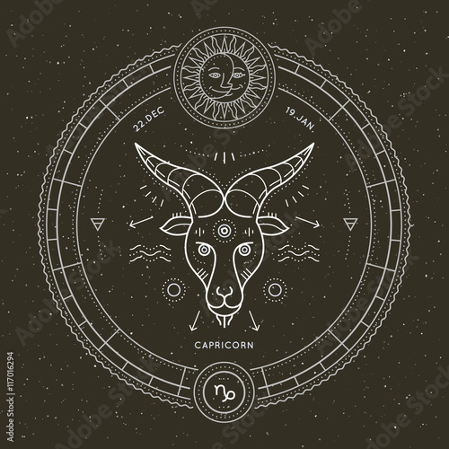 Vintage thin line Capricorn zodiac sign label. Retro vector astrological symbol, mystic, sacred geometry element, emblem, logo. Stroke outline illustration.