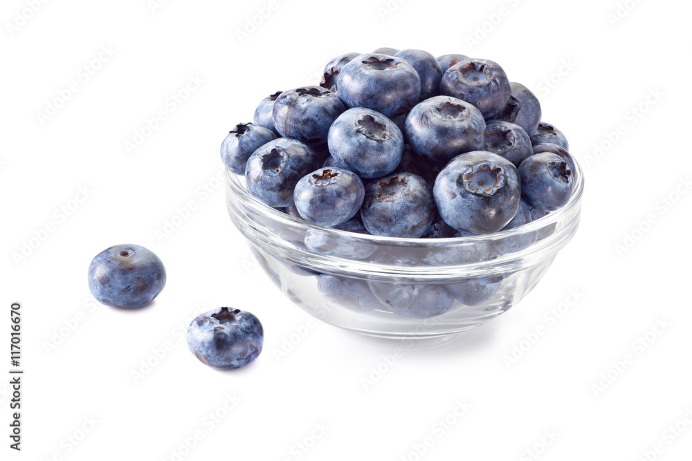 Blueberries in glass bowl on white. Blueberries in glass bowl on white.