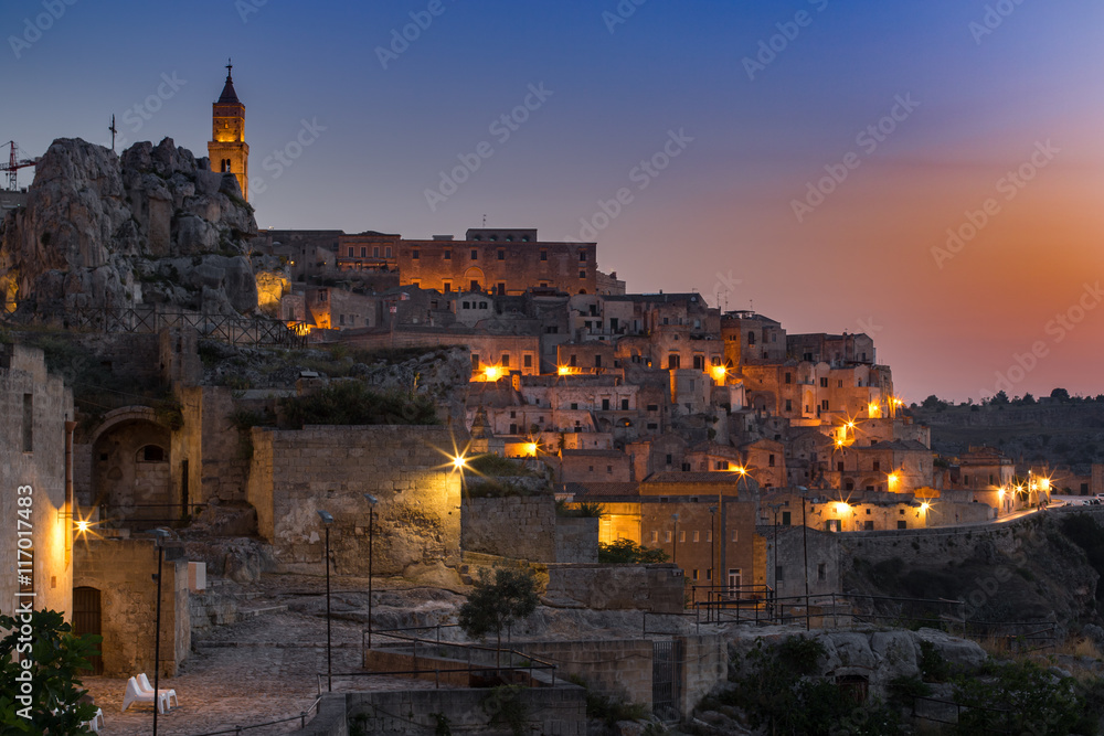 Matera town at twilight.  Scenic view of  the ancient town in south of Italy