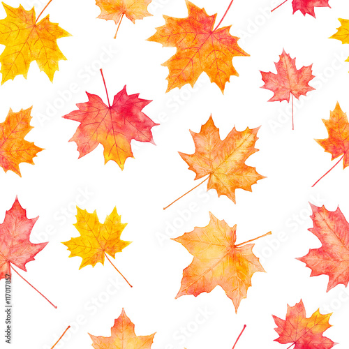 Seamless pattern of watercolor autumn maple leaves.