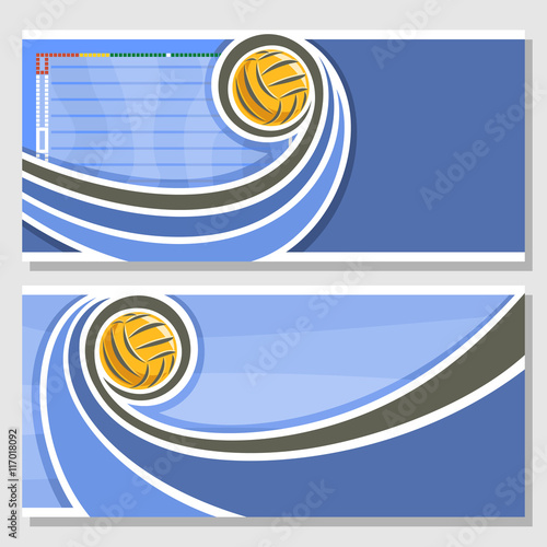 Vector abstract logo for Water Polo Ball, blue horizontal banners for text info title with swimming pool liquid waves and waterpolo equipment yellow water polo ball. Invitation ticket to sports arena