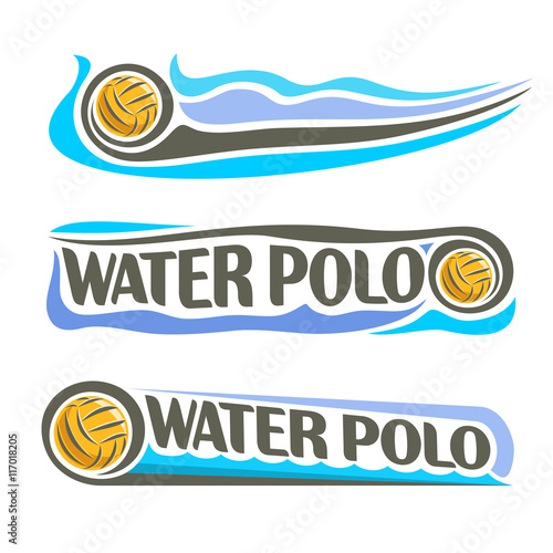 Vector abstract logo for Water Polo Ball, blue header horizontal banners with background summer sea waves and waterpolo equipment floating yellow water polo ball. Swimming recreation sport leisure.