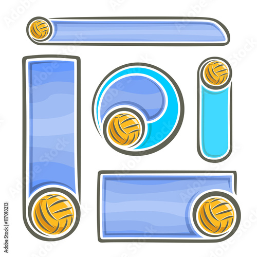 Vector abstract logo for Water Polo Ball, blue vertical banners for text info title with background liquid waves and waterpolo equipment yellow water polo ball. Invitation ticket to aqua sports arena.
