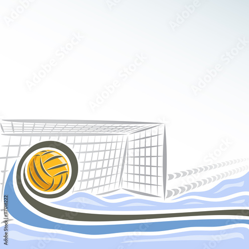 Vector abstract logo for Water Polo for text info title, consisting of swimming pool water sports arena with blue waves and waterpolo equipment yellow polo ball flying on trajectory in net gate goal.