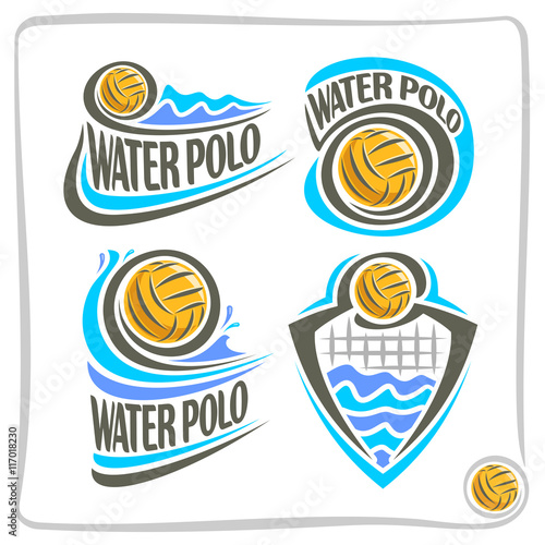 Vector abstract logo icon for Water Polo Ball, decoration emblem sign for sports club, yellow water polo ball floating on background summer waves, waterpolo equipment, design concept insignia blazon.