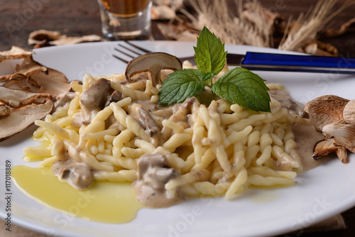plate of pasta, trofie with cream mushroom