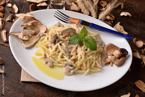 plate of pasta, trofie with cream mushroom