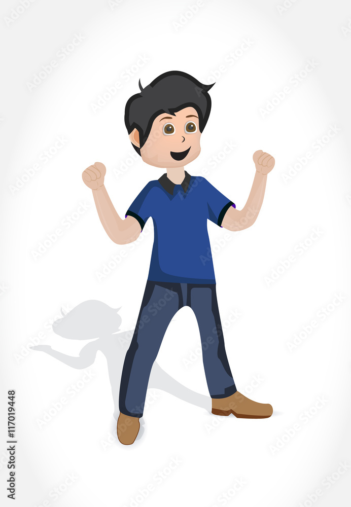 Cartoon happy young man character with open arms in the blus shirt and blue pants