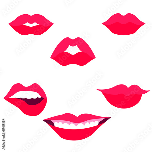 Woman s lip gestures set. Girl mouths close up with red lipstick makeup expressing different emotions