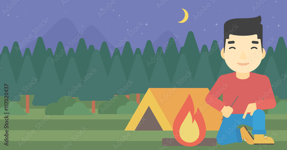 Obraz premium Man kindling campfire vector illustration.
