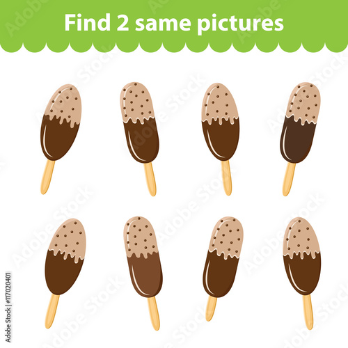 Children's educational game. Find two same pictures. Set of ice cream for the game find two same pictures. Vector illustration.