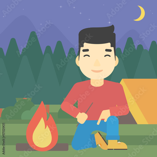 Obraz na plátně Man kindling campfire vector illustration.