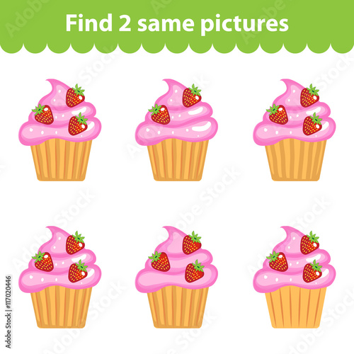 Children s educational game. Find two same pictures. Set of cupcakes for the game find two same pictures. Vector illustration.