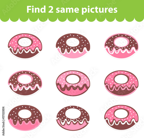 Children's educational game. Find two same pictures. Set of donuts for the game find two same pictures. Vector illustration.