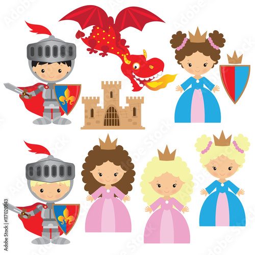Knight, princess and dragon vector illustration