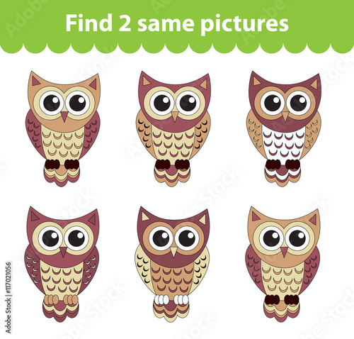 Children's educational game. Find two same pictures. Set of owl for the game find two same pictures. Vector illustration.
