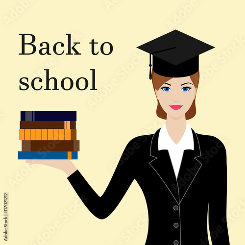 Back to school card with girl in black suit and cap with books