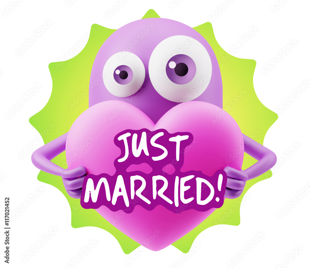 3d Rendering. Love Emoticon Face Holding Heart saying Just Marri