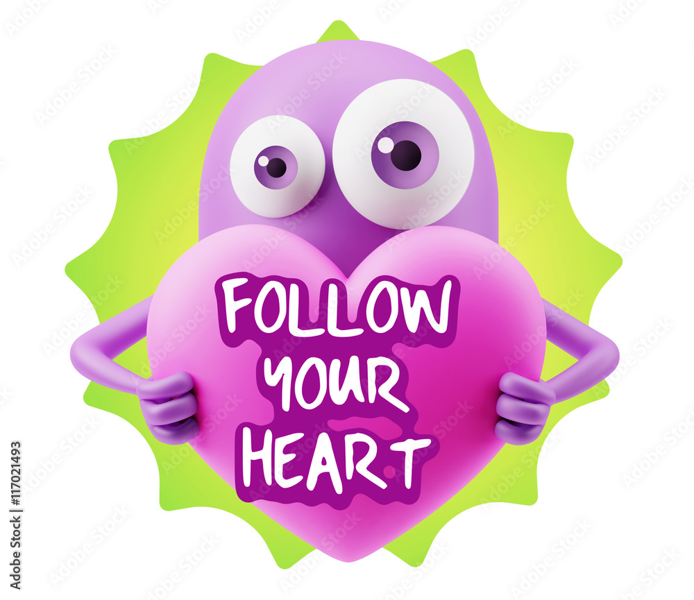 3d Rendering. Love Emoticon Face Holding Heart saying Follow You 3d Rendering. Love Emoticon Face Holding Heart saying Follow You