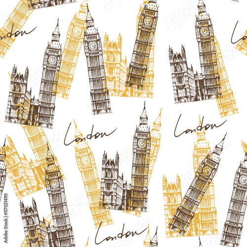 Seamless background with Big Ben (Elizabeth Tower), travel pattern