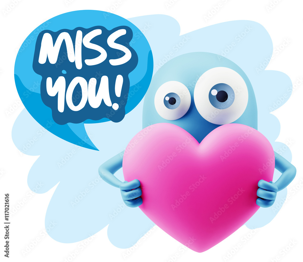 3d Rendering. Love Emoticon Face Holding Heart saying Miss You w 3d Rendering. Love Emoticon Face Holding Heart saying Miss You w