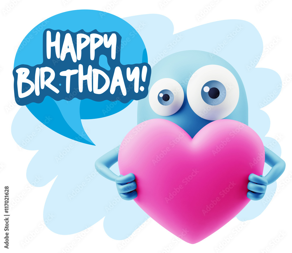 Fototapeta premium 3d Rendering. Love Emoticon Face Holding Heart saying Happy Birt