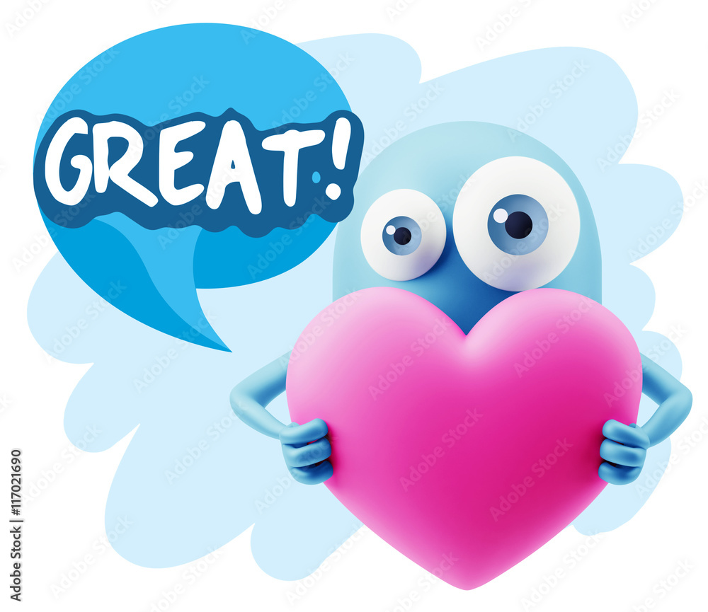 3d Rendering. Love Emoticon Face Holding Heart saying Great with 3d Rendering. Love Emoticon Face Holding Heart saying Great with