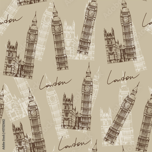 Vintage style pattern with Big Ben (Elizabeth Tower), London, En